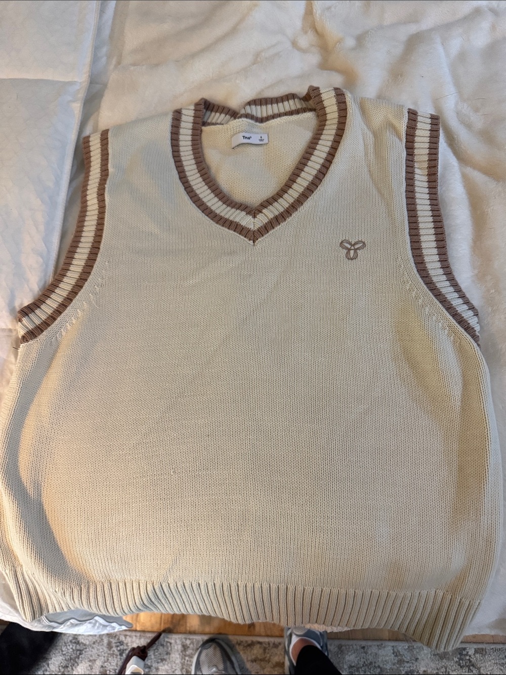 Cream Knit V-Neck Sweater Vest with Brown Trim
